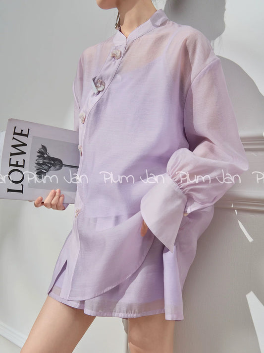 Plum Jan/Xiaoxiangfeng casual pink shirt two-piece suit pants for women 2024 summer new temperament lady