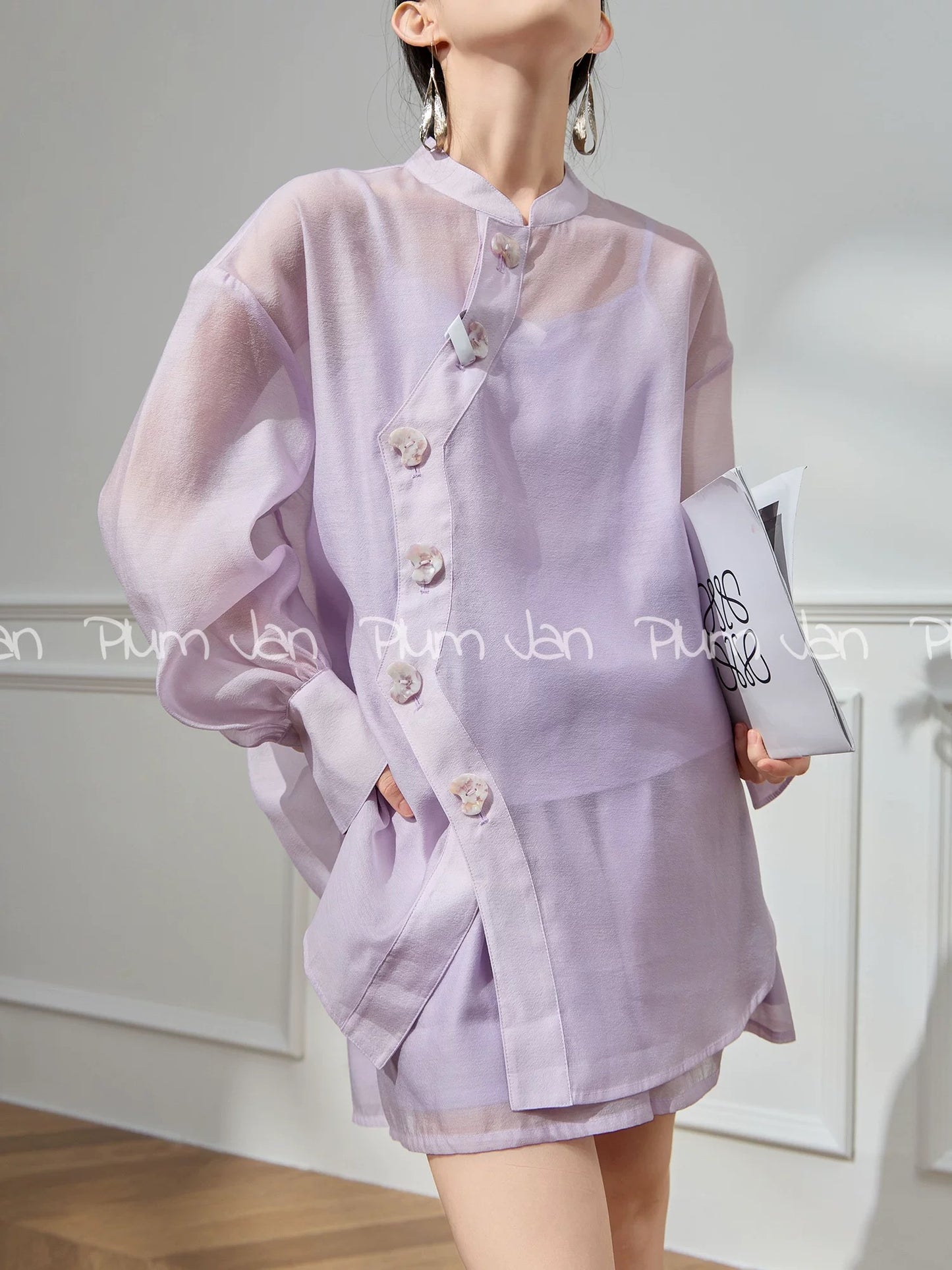 Plum Jan/Xiaoxiangfeng casual pink shirt two-piece suit pants for women 2024 summer new temperament lady