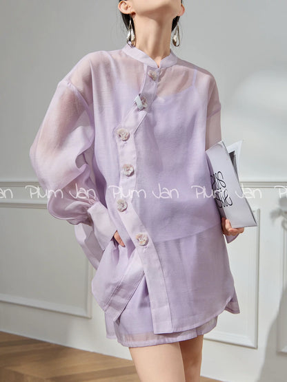 Plum Jan/Xiaoxiangfeng casual pink shirt two-piece suit pants for women 2024 summer new temperament lady