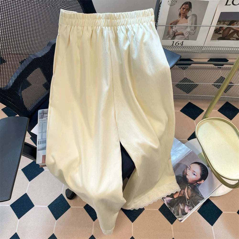 Summer-inspired wide-leg trousers with lace trim, new European style, straight-leg and draped suit pants for men and women.