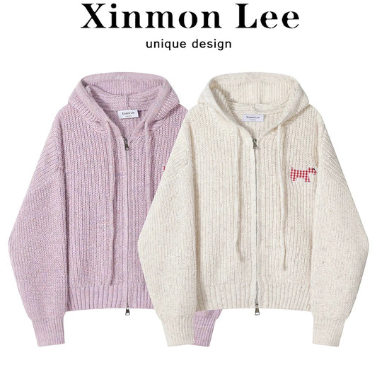 XinmonLee temperament casual soft Korean sweet age-reducing hooded knitted jacket autumn and winter lazy style sweater