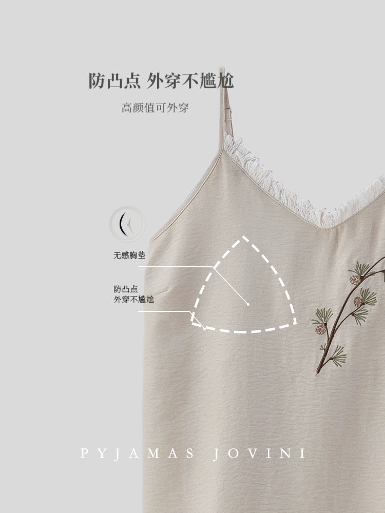 Qiaoweini Pajamas Women's Summer Soft Suspender Shorts Two-piece Set with Breast Pad, Integrated Embroidery, Thin and Cool Feeling