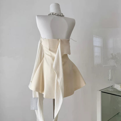 New spring and summer design pleated halter neck tube top skirt female pure sexy lace ribbon dress A-line skirt