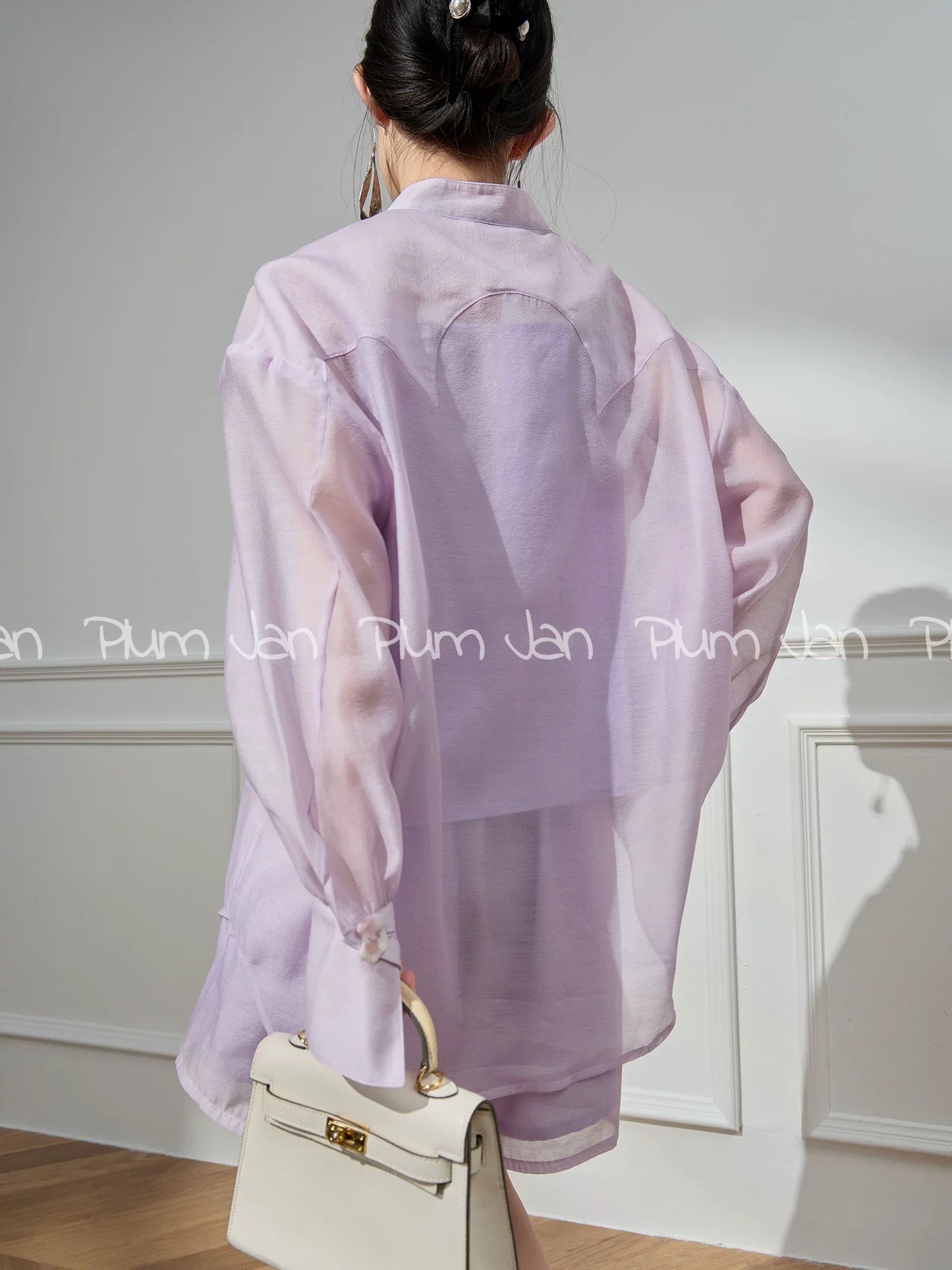 Plum Jan/Xiaoxiangfeng casual pink shirt two-piece suit pants for women 2024 summer new temperament lady