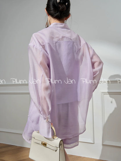 Plum Jan/Xiaoxiangfeng casual pink shirt two-piece suit pants for women 2024 summer new temperament lady