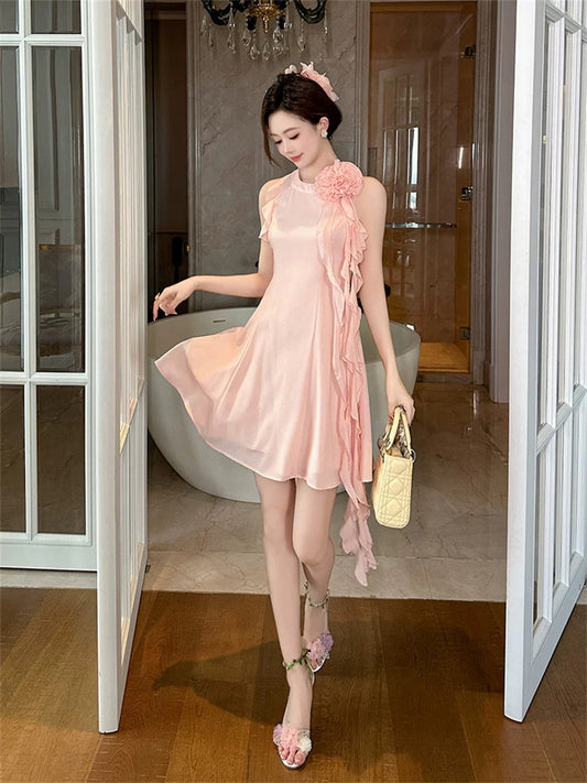 2024 new style light luxury high-end temperament ruffle dress for small women sleeveless irregular slimming short skirt