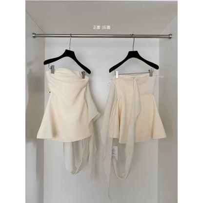 New spring and summer design pleated halter neck tube top skirt female pure sexy lace ribbon dress A-line skirt