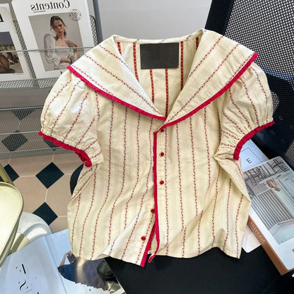 French retro striped color-blocked collared short shirt, unisex, super stylish summer chic Hong Kong style puff sleeve top