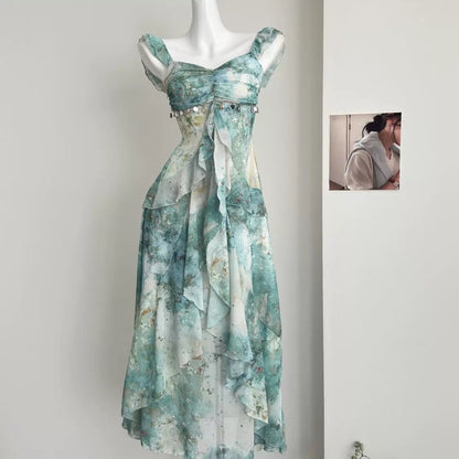 A sweet peach yikett "Summer in the Forest" suspender temperament dress female summer print slim long skirt