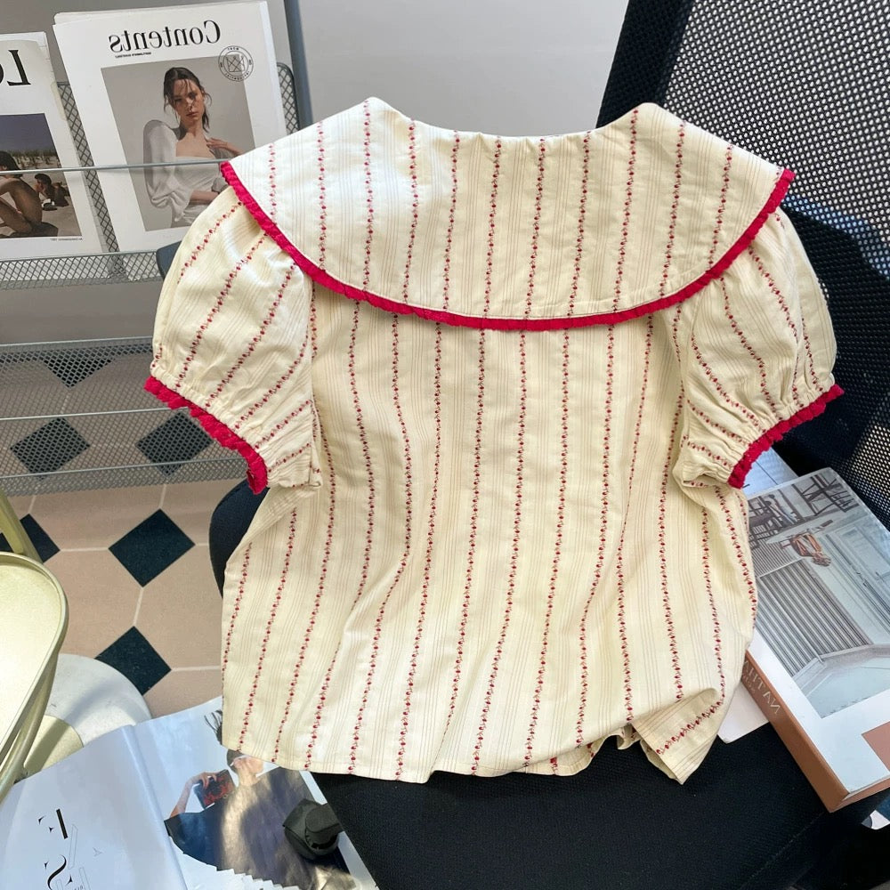 French retro striped color-blocked collared short shirt, unisex, super stylish summer chic Hong Kong style puff sleeve top