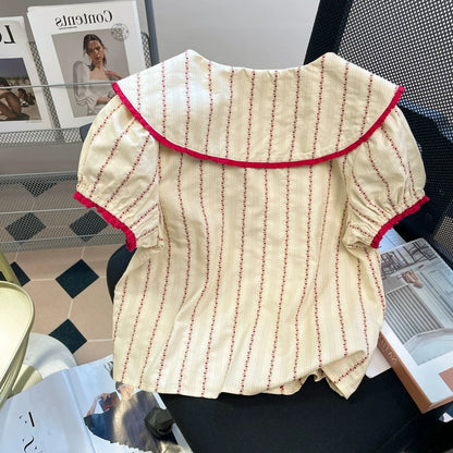 French retro striped color-blocked collared short shirt, unisex, super stylish summer chic Hong Kong style puff sleeve top