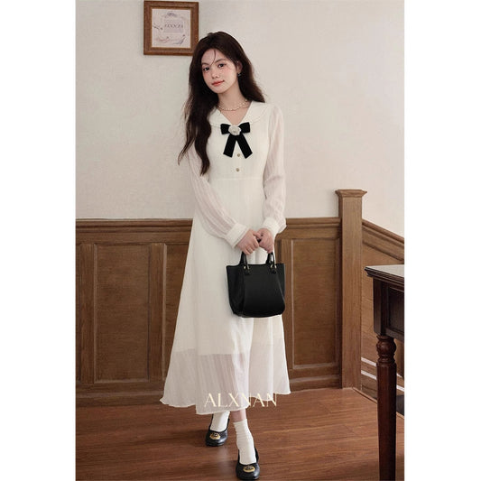 Lu Xiangnan's "White Tea Girl" College Style Fashion Long-Sleeved Dress, New Autumn Design, Apricot Color Long Dress