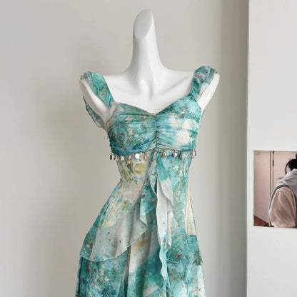 A sweet peach yikett "Summer in the Forest" suspender temperament dress female summer print slim long skirt