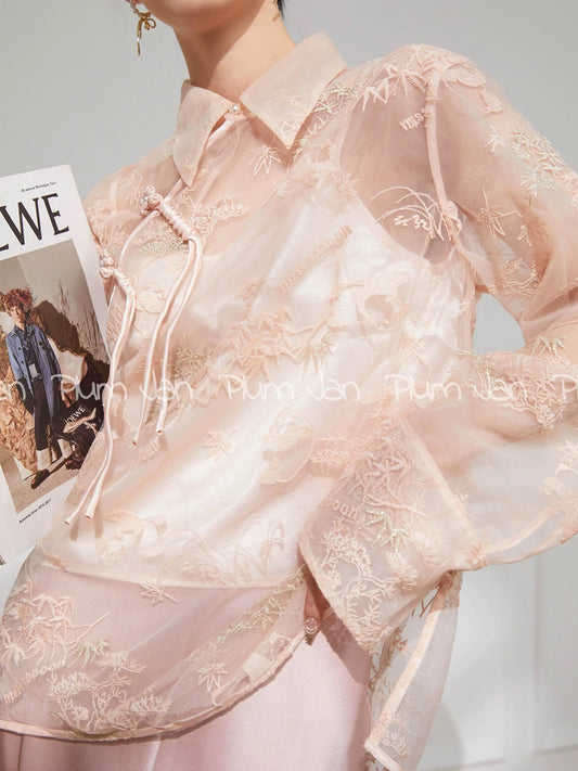 Plum Jan/New Chinese lace top bottoming shirt for women spring and summer new national style design pink button shirt