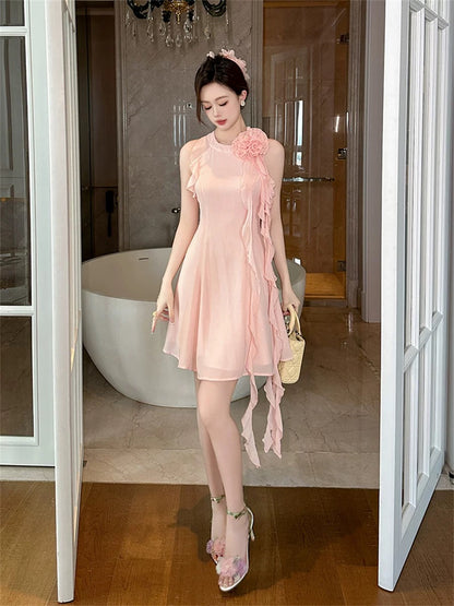 2024 new style light luxury high-end temperament ruffle dress for small women sleeveless irregular slimming short skirt