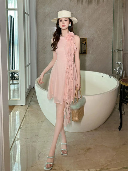 2024 new style light luxury high-end temperament ruffle dress for small women sleeveless irregular slimming short skirt