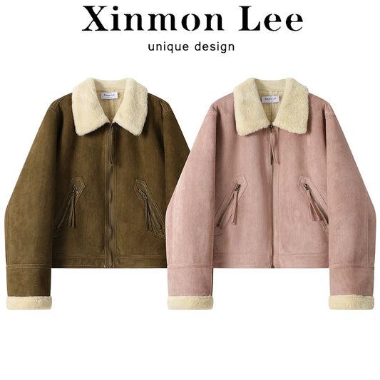 XinmonLee design sense fur one-piece short lamb wool coat thickened plus velvet women's winter loose top