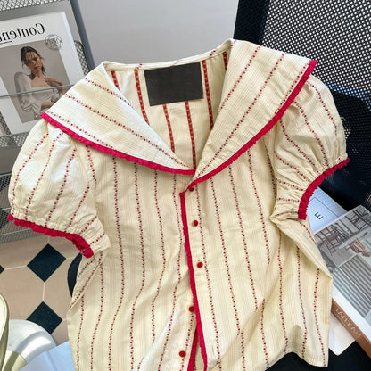 French retro striped color-blocked collared short shirt, unisex, super stylish summer chic Hong Kong style puff sleeve top
