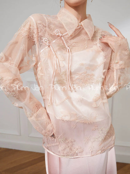 Plum Jan/New Chinese lace top bottoming shirt for women spring and summer new national style design pink button shirt