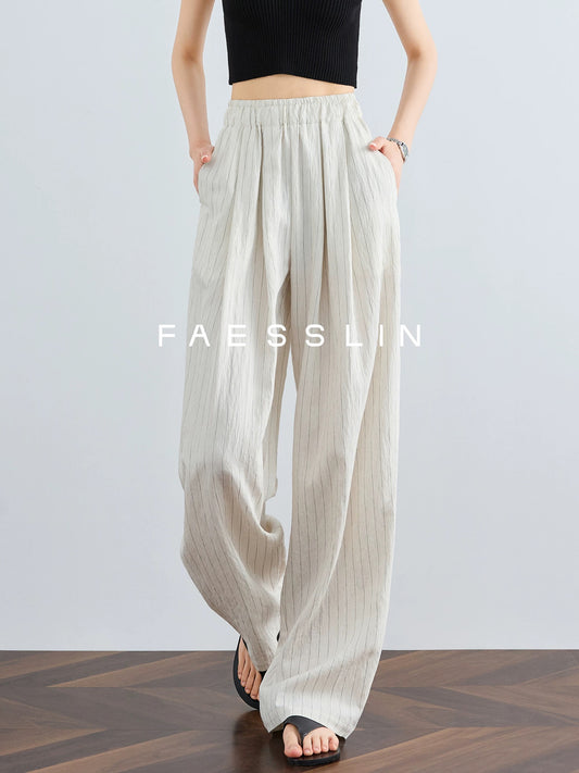 FAESSLIN [Imported from South Korea] High-end linen trousers for women, summer extended cool wide-leg pants, striped Yamamoto pants