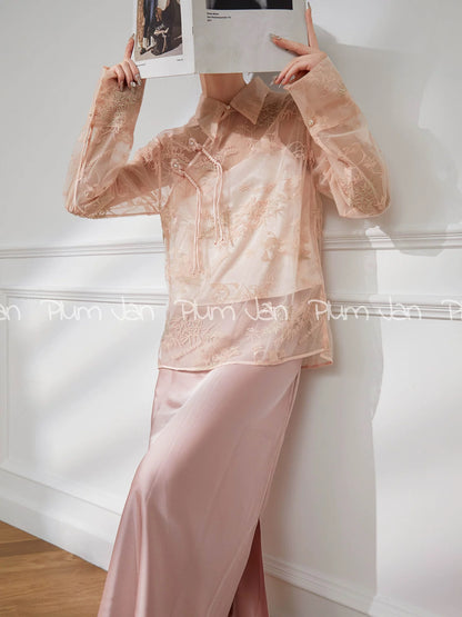 Plum Jan/New Chinese lace top bottoming shirt for women spring and summer new national style design pink button shirt