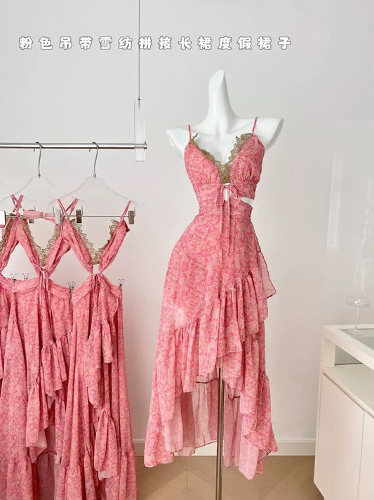 Duoduojia pink suspender dress female 2025 spring new chiffon splicing long skirt holiday skirt