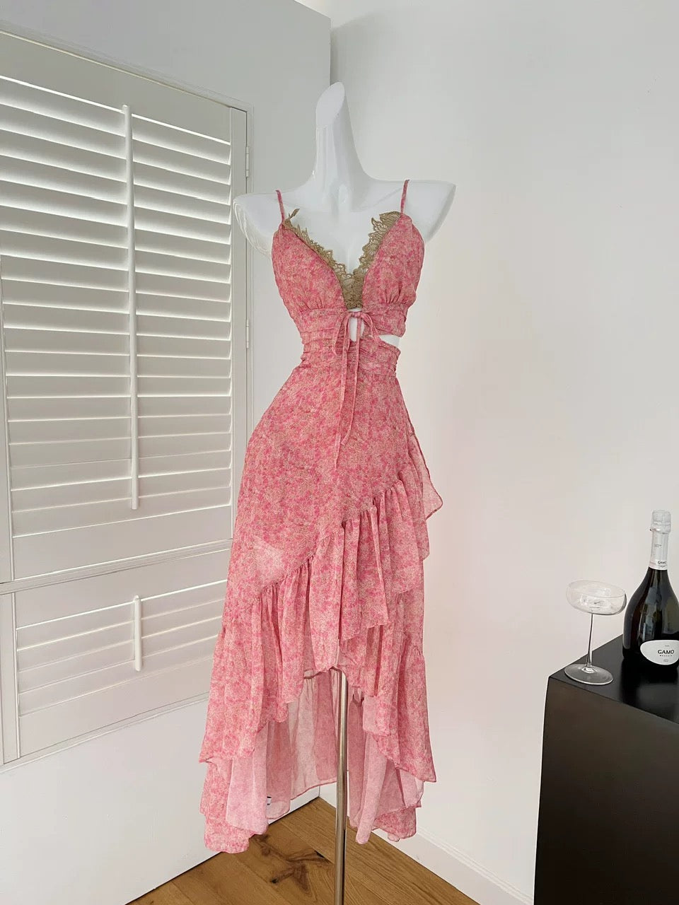 Duoduojia pink suspender dress female 2025 spring new chiffon splicing long skirt holiday skirt