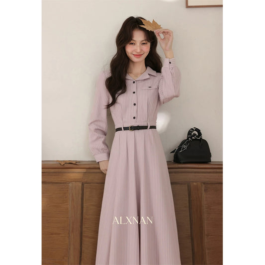 Lu Xiangnan [Pink] 2025 Autumn New Pink Long-Sleeved Shirt Dress, Slimming A-line Long Skirt for Women