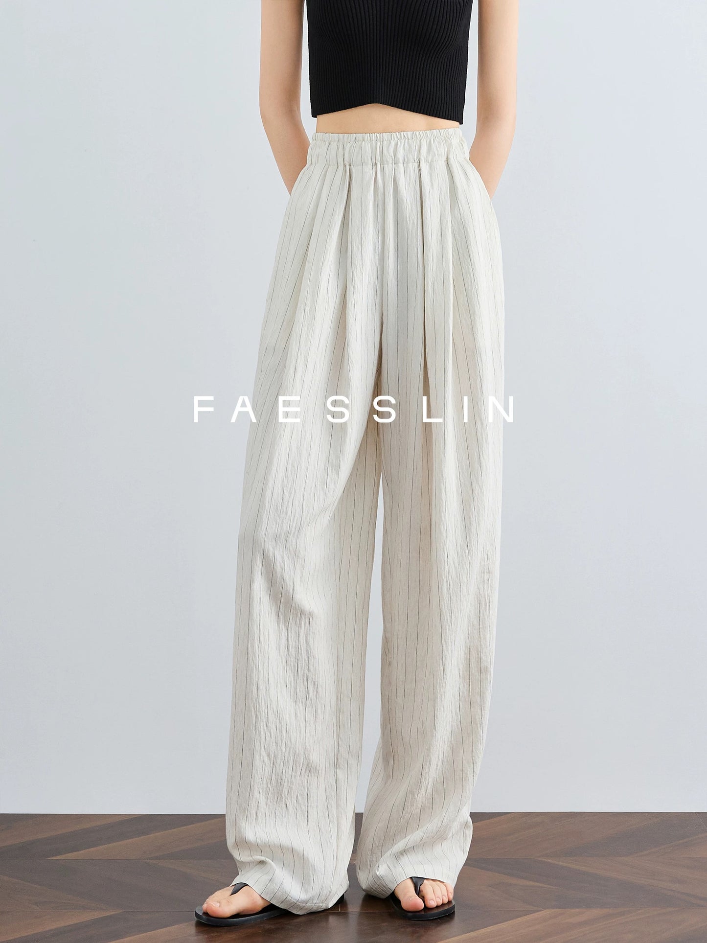 FAESSLIN [Imported from South Korea] High-end linen trousers for women, summer extended cool wide-leg pants, striped Yamamoto pants