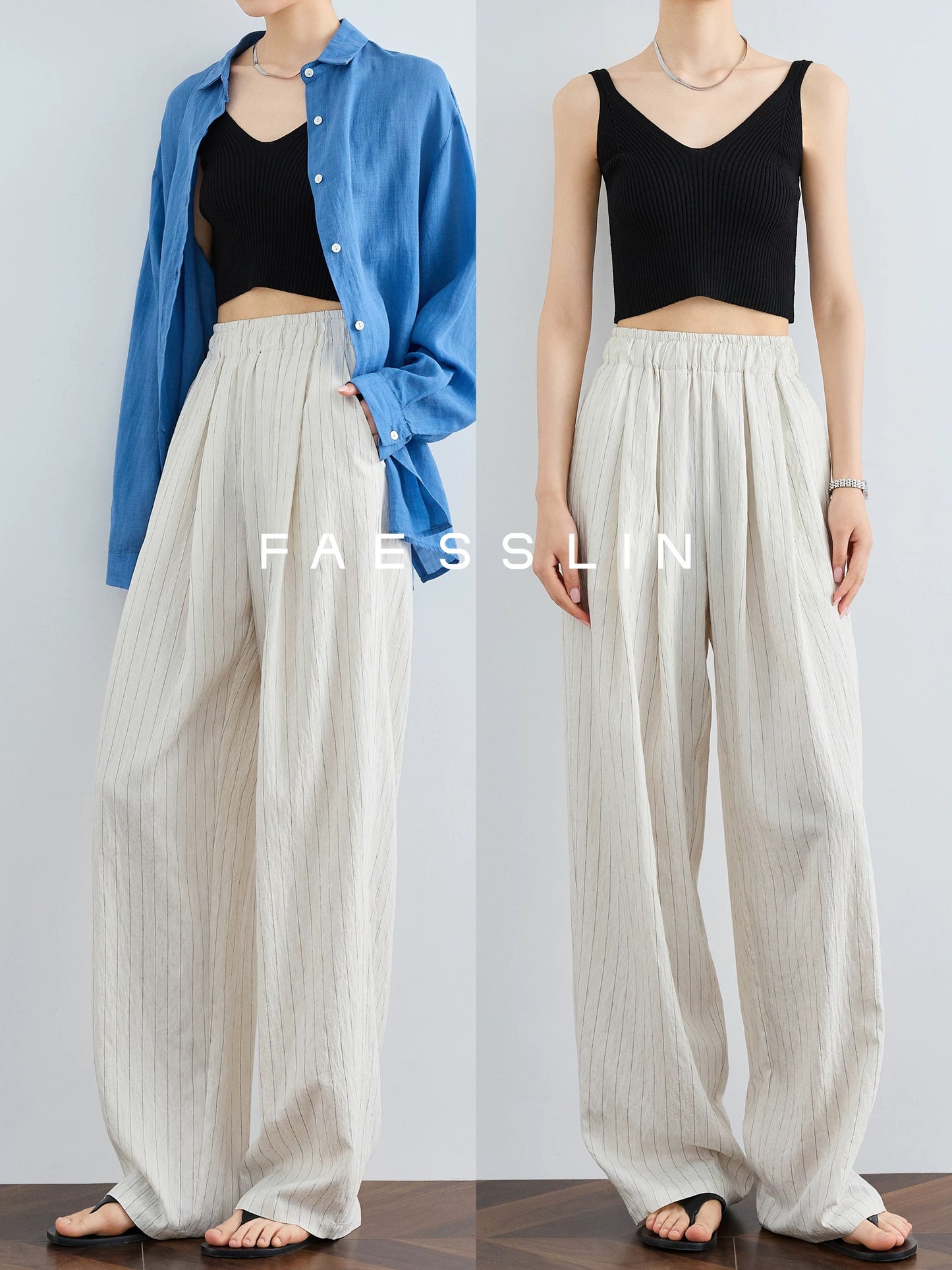 FAESSLIN [Imported from South Korea] High-end linen trousers for women, summer extended cool wide-leg pants, striped Yamamoto pants
