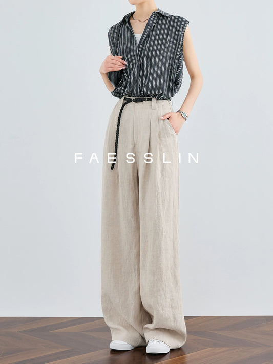 FAESSLIN [100% linen] high-waisted straight lengthened wide-leg pants for women's summer thin drapey casual trousers