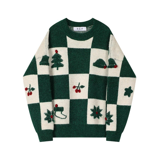 XinmonLee Christmas red loose knitted sweater outer wear women's autumn and winter Japanese lazy retro plaid top