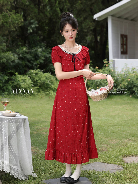 Lu Xiangnan "Red Tea Rose" French Red Retro Polka Dot Dress Women's Summer New Style Waist-cinching Long Skirt
