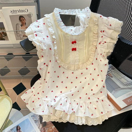 Sweet and pretty cherry ruffled flutter sleeve shirt for summer, suitable for petite women and men, cute and stylish babydoll top