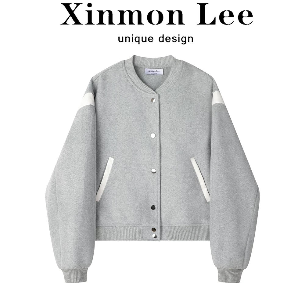XinmonLee simple design contrast color round neck wool baseball jacket autumn and winter slim versatile short top