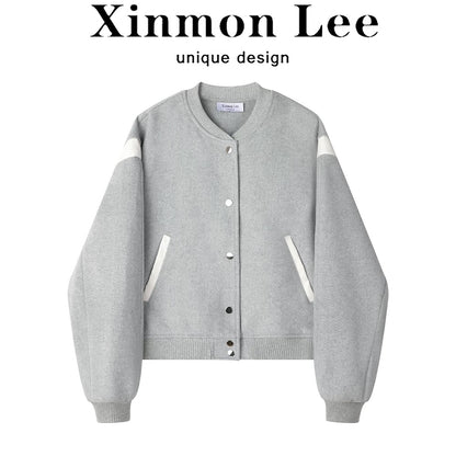 XinmonLee simple design contrast color round neck wool baseball jacket autumn and winter slim versatile short top