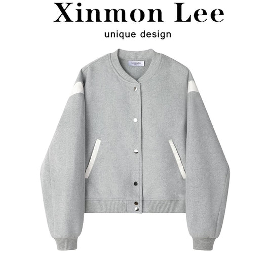 XinmonLee simple design contrast color round neck wool baseball jacket autumn and winter slim versatile short top