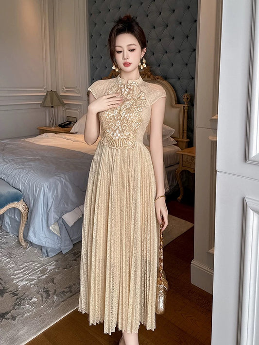 Luxurious big-name high-end exquisite water-soluble lace slim fit dress for women summer 2024 new style light luxury and high-end sense