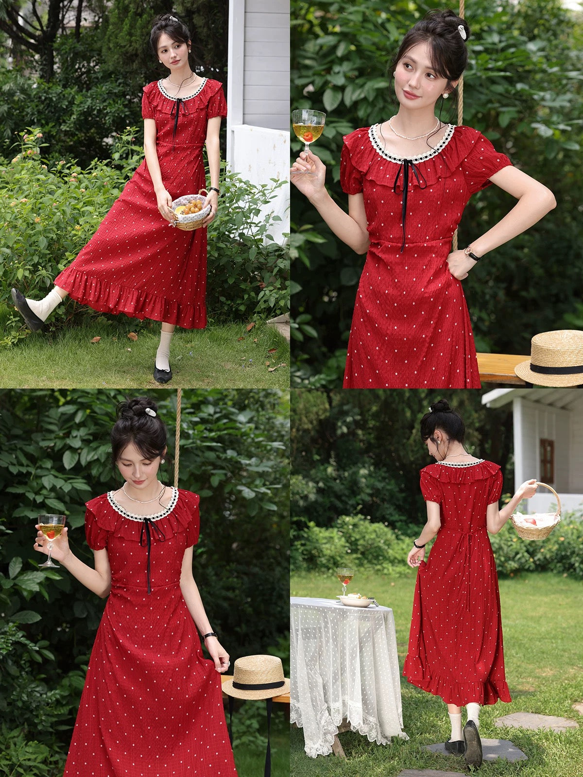 Lu Xiangnan "Red Tea Rose" French Red Retro Polka Dot Dress Women's Summer New Style Waist-cinching Long Skirt