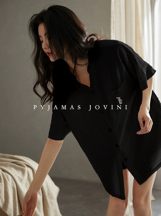 Qiaoweini Pajamas for Women Summer Cool Thin Bubble Cotton Short Sleeve Shorts Black with Breast Pads to Prevent Bumps and Can be Weared Outside