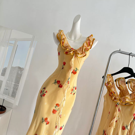 Youni homemade dopamine yellow rose lace V-neck floral suspender dress female summer waist fishtail long skirt