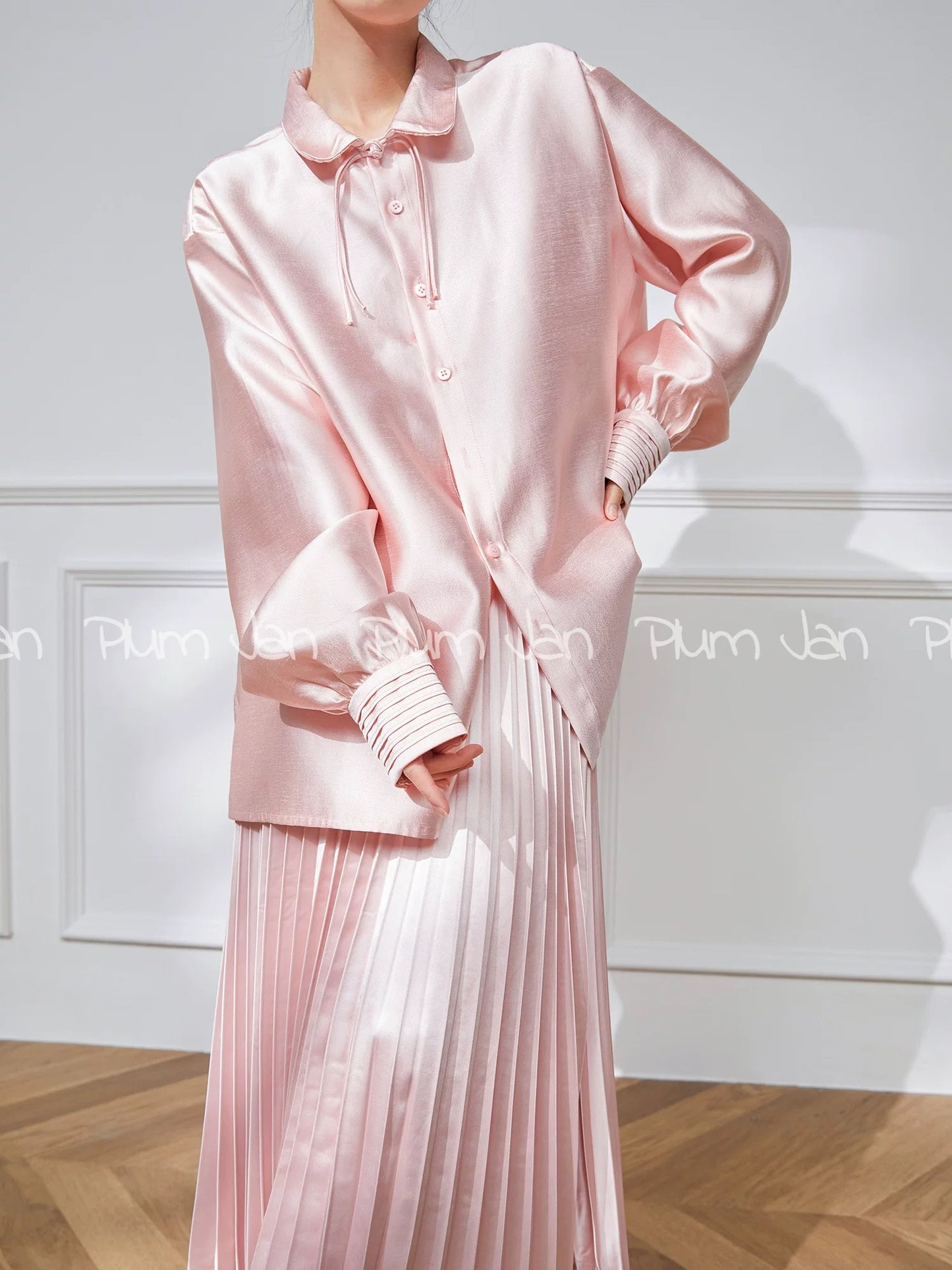 Plum Jan/2024 New National Style New Chinese Style Acetate Suit Pink Shirt Two-piece Skirt Women's Summer Style