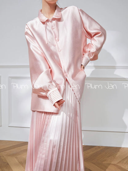 Plum Jan/2024 New National Style New Chinese Style Acetate Suit Pink Shirt Two-piece Skirt Women's Summer Style