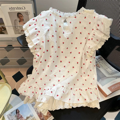 Sweet and pretty cherry ruffled flutter sleeve shirt for summer, suitable for petite women and men, cute and stylish babydoll top