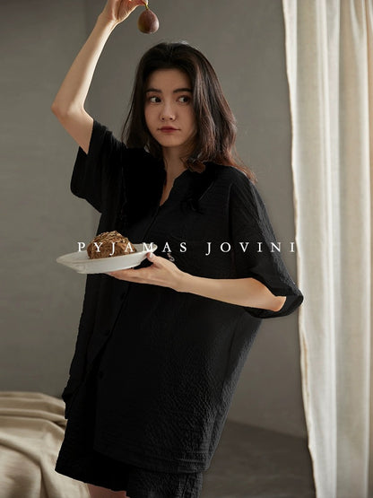 Qiaoweini Pajamas for Women Summer Cool Thin Bubble Cotton Short Sleeve Shorts Black with Breast Pads to Prevent Bumps and Can be Weared Outside