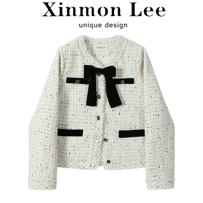 XinmonLee high-end temperament lady short tweed small fragrance style jacket autumn and winter bow design