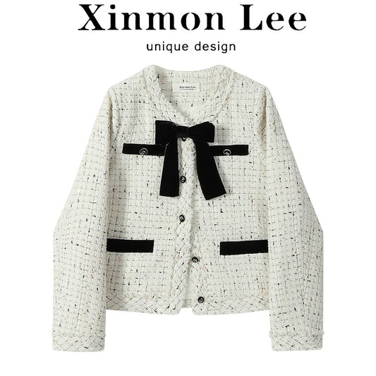 XinmonLee high-end temperament lady short tweed small fragrance style jacket autumn and winter bow design