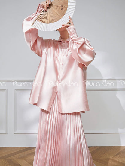 Plum Jan/2024 New National Style New Chinese Style Acetate Suit Pink Shirt Two-piece Skirt Women's Summer Style