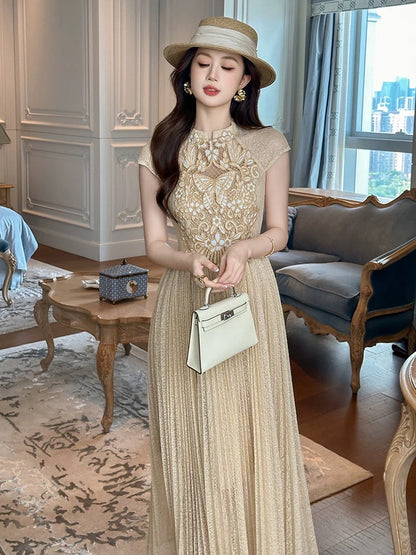 Luxurious big-name high-end exquisite water-soluble lace slim fit dress for women summer 2024 new style light luxury and high-end sense