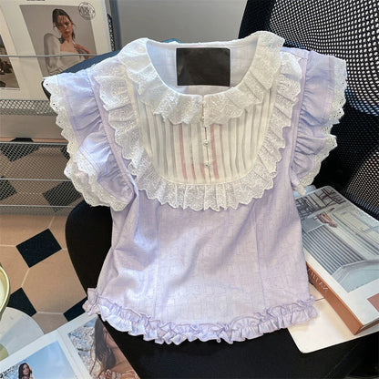 French-style unique and sweet flutter sleeve shirt, unisex summer high-end chic lace trim short top